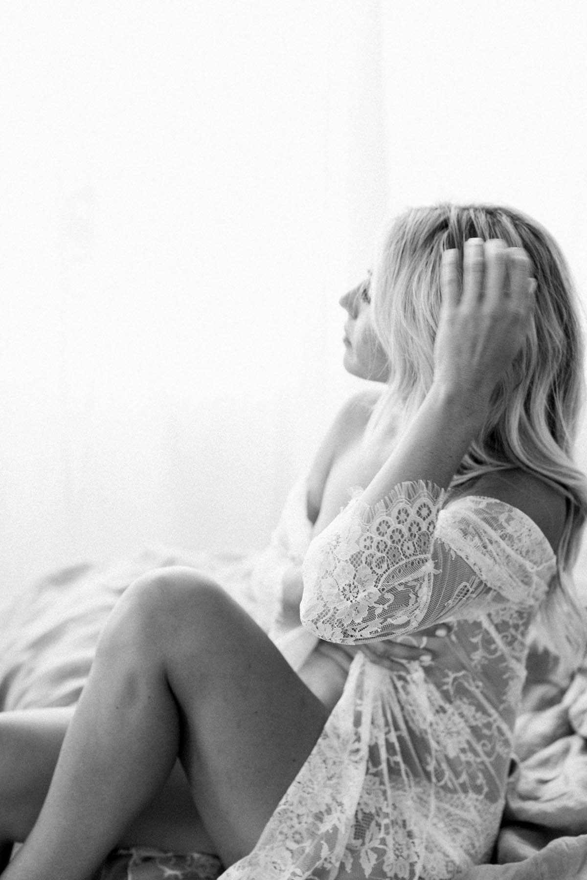 black and white image during boudoir session with Homer Glen Boudoir Photographer